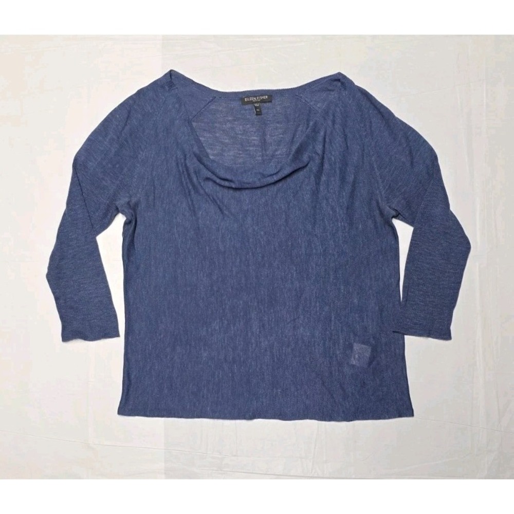 Eileen Fisher Woman Blue Silk Linen Cowl Neck Lightweight 3/4 Sleeve Top SZ PS
